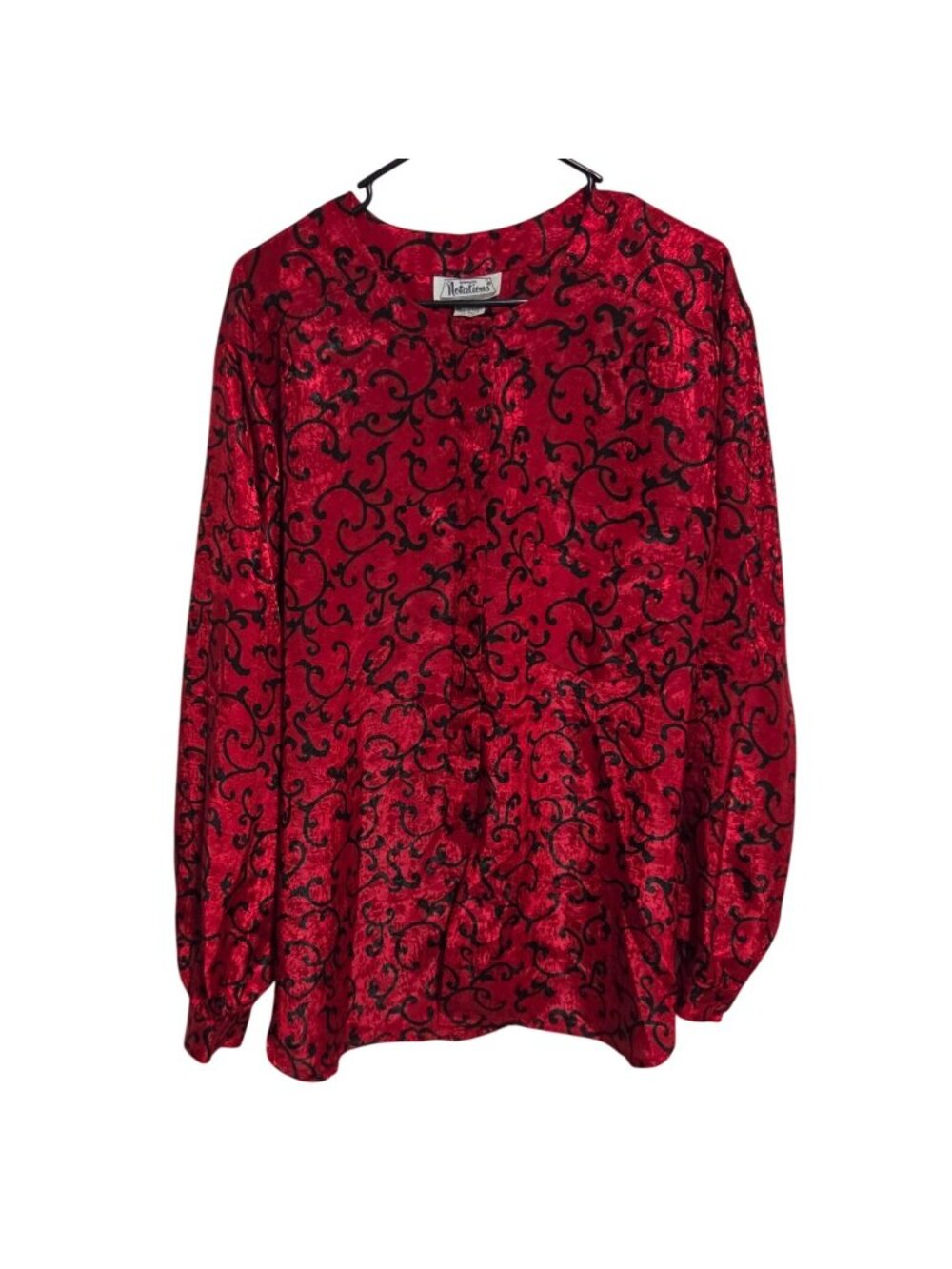 Vintage Notations Blouse Plus Size 20W Red Black Baroque Scroll Button Up